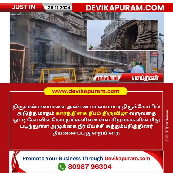 திருவண்ணாமலை அண்ணாமலையார் திருக்கோயிலில் கார்த்திகை தீபத்தை ஒட்டி கோபுரங்களை தூய்மைப்படுத்தும் பணி!