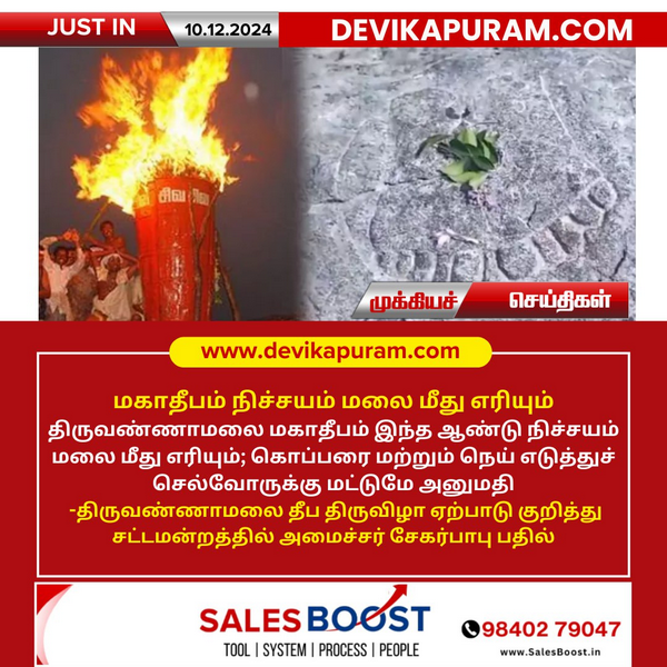 திருவண்ணாமலை மகாதீபம் மலை மீது எரியும்: அமைச்சர் உறுதி!