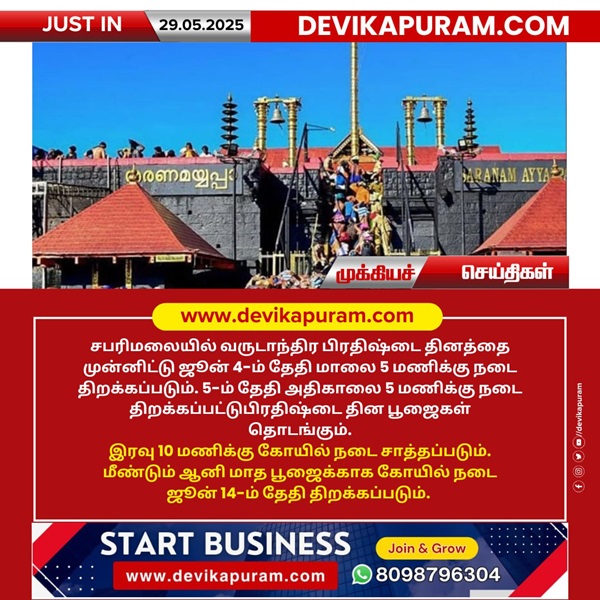 சபரிமலை பிரதிஷ்டை தினத்தை  முன்னிட்டு  ஜூன் 4ம் தேதி நடை திறப்பு